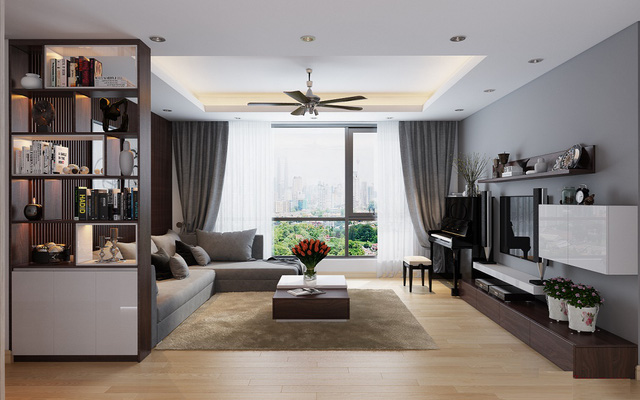 Thiết kế căn hộ chung cư hiện đại 100m2 cho phòng khách và bếp