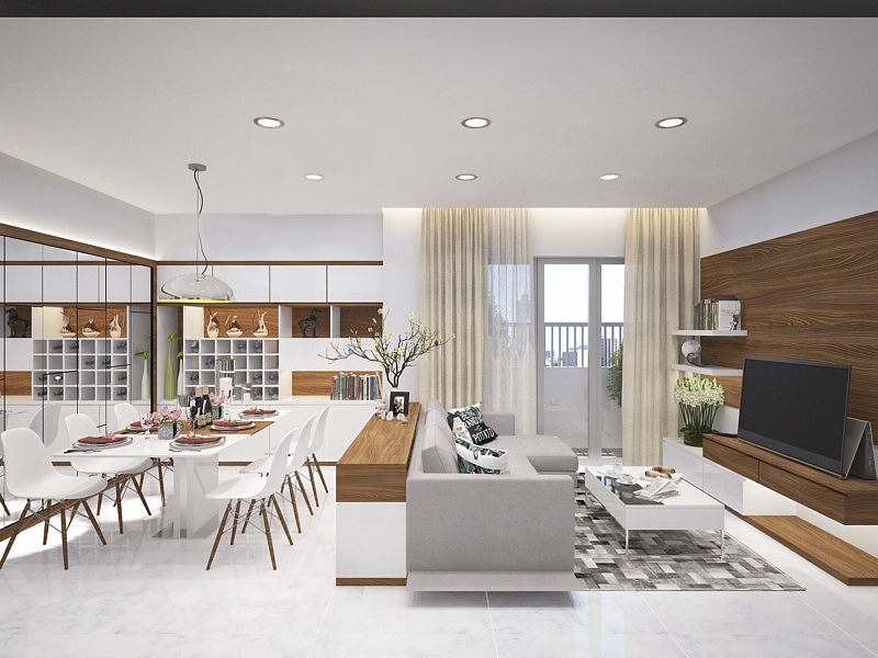 Phòng khách chung bếp trong thiết kế nội thất căn hộ chung cư cao cấp