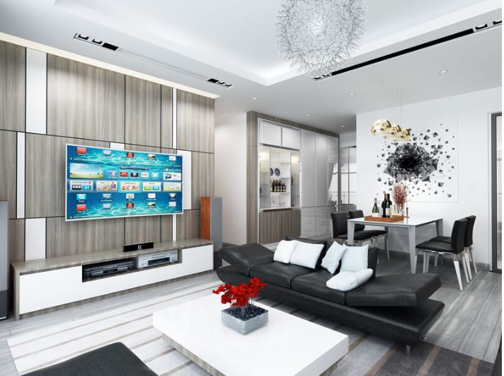 Thiết kế nội thất chung cư hiện đại bố trí kệ tivi gần sofa
