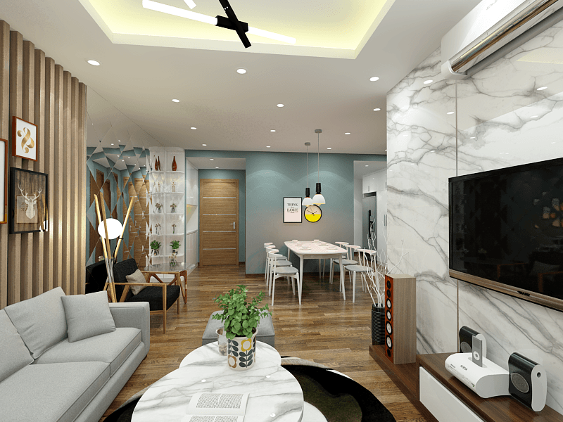 thiết kế nội thất chung cư xala tiện nghi với phòng khách chung bếp