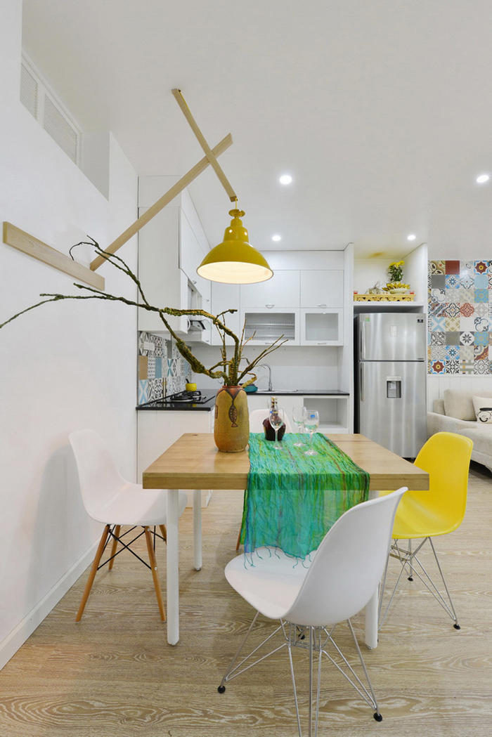 Phòng bếp và phòng ăn với phòng khách có thể vay mượn không gian