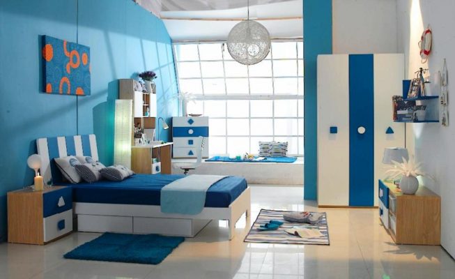 Phòng ngủ dành cho bé trai khá mát mắt khi lựa chọn tông màu xanh chủ đạo