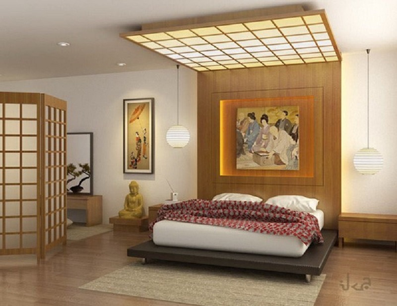 Tranh ảnh, đèn lồng, thảm trải sàn….là những phụ kiện không thể thiếu trong thiết kế phòng ngủ kiểu nhật