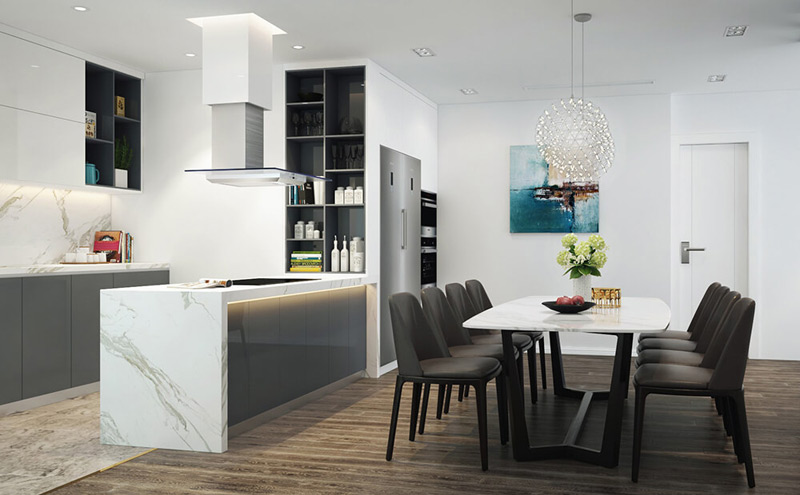 Phòng ăn kết hợp bếp mẫu thiết kế nội thất căn hộ 100m2 đẹp cao cấp lịch lãm và tinh tế