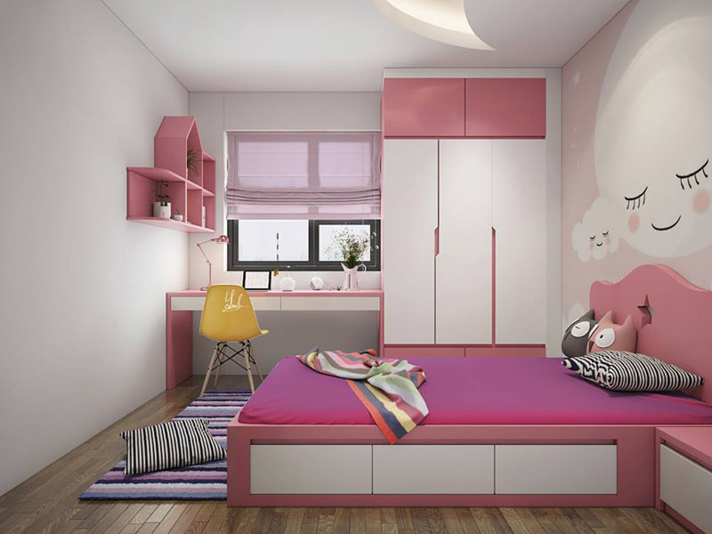 Phòng ngủ bé gái khá đẹp tinh tế với tông màu hồng phấn