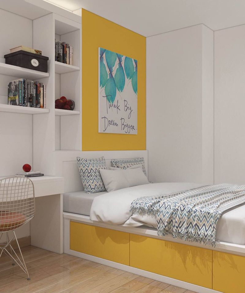 Phòng ngủ sắc trắng phối vàng trong phòng ngủ dành cho bé