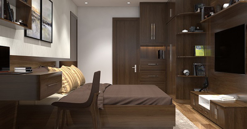 Phòng ngủ thông thoáng rộng rãi và hiện đại làm từ gỗ óc chó