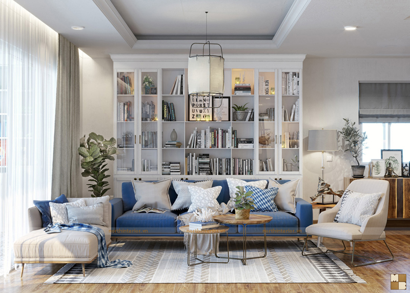 Phòng khách là sự kết hợp hoàn hảo giữa sắc trắng và xanh lam