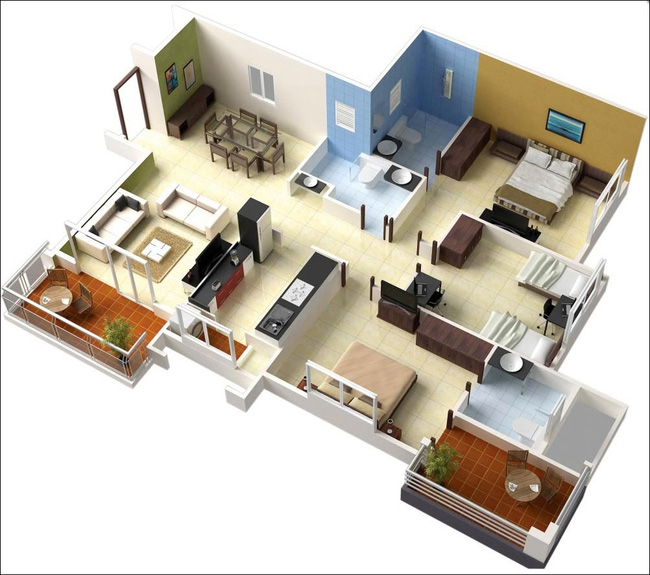các kiểu bố trí căn hộ có 3 phòng ngủ 1-1