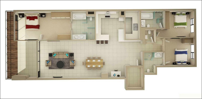 các kiểu bố trí căn hộ có 3 phòng ngủ 1-3