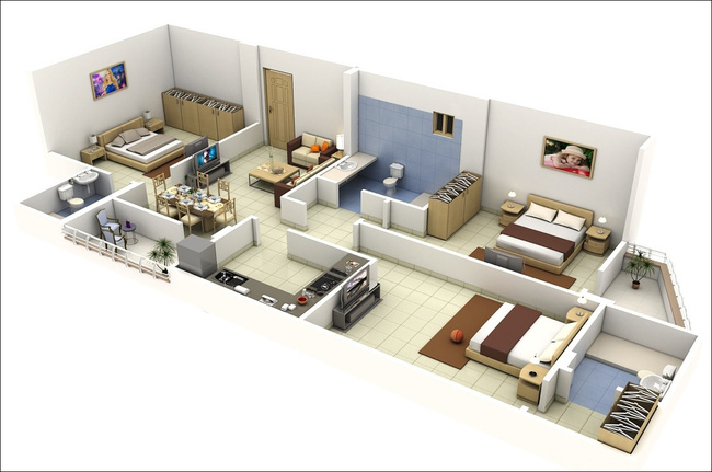 các kiểu bố trí căn hộ có 3 phòng ngủ 1-5