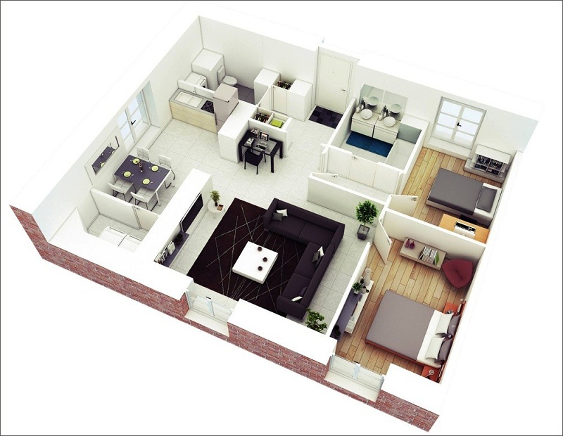 10+ mẫu thiết kế căn hộ 60m2 2 phòng ngủ đẹp sang trọng - H10