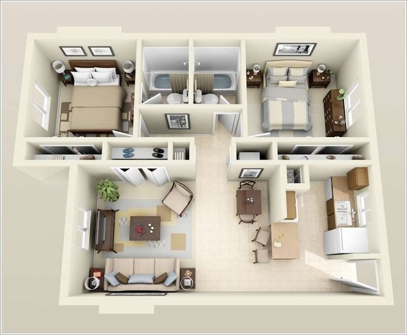 10+ mẫu thiết kế căn hộ 60m2 2 phòng ngủ đẹp sang trọng - H4