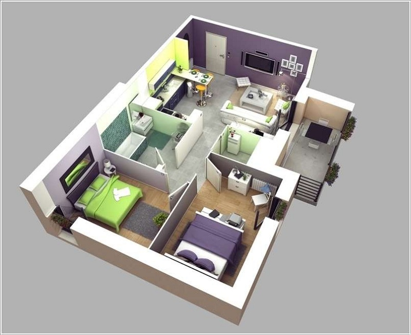 10+ mẫu thiết kế căn hộ 60m2 2 phòng ngủ đẹp sang trọng - H6