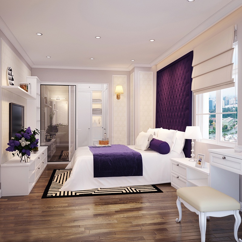 Không gian phòng ngủ lãng mạn, quyến rũ với gam màu tím phong cách tân cổ điển